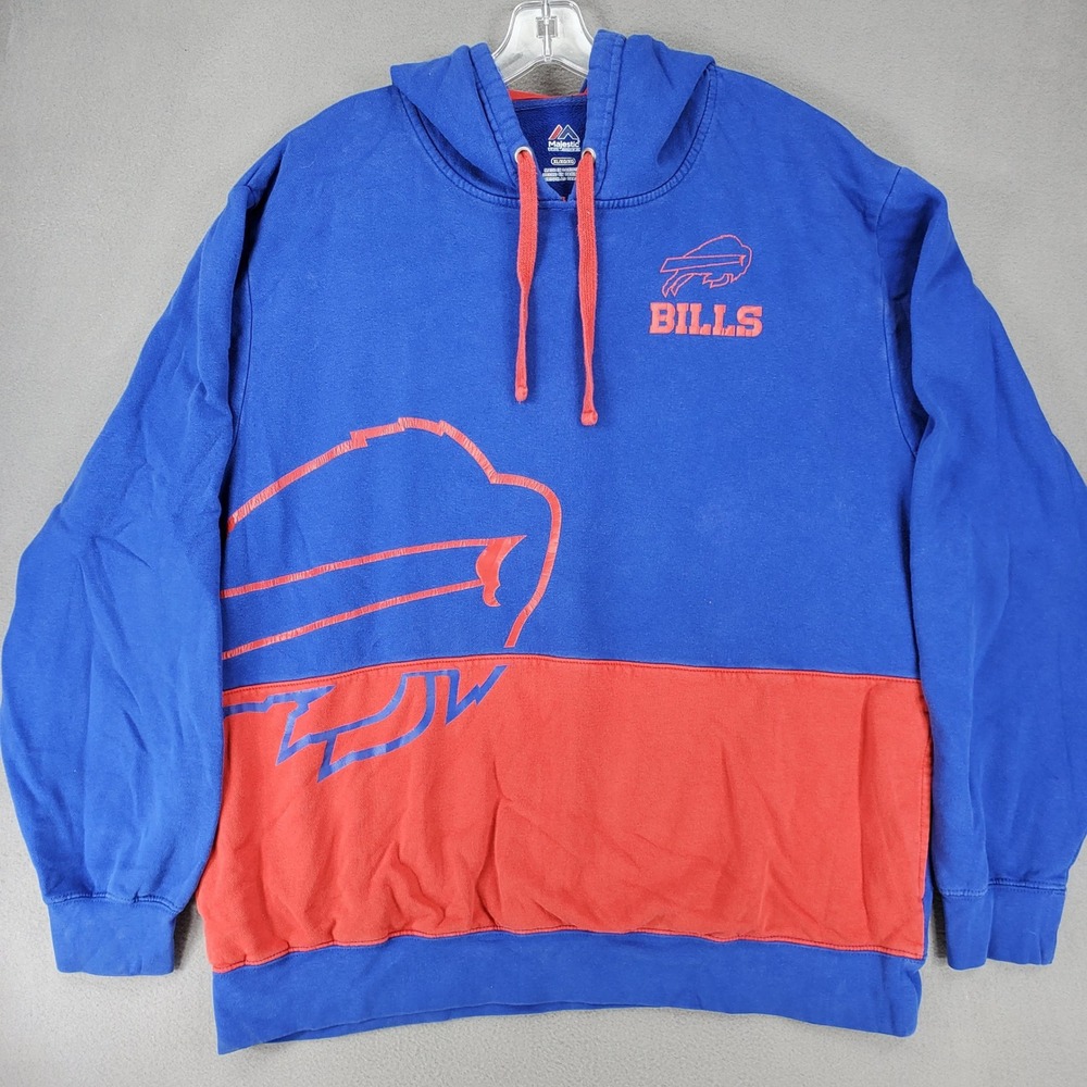 Majestic Buffalo Bills Hoodie Mens XL Blue Red Distressed Y2K NFL Pullover